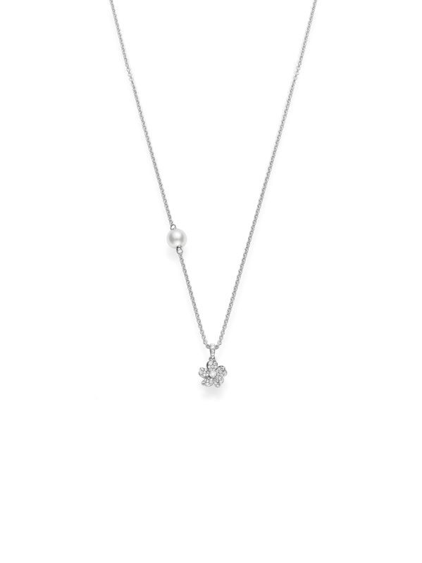 18k White Gold Akoya Pearl Diamond Flower Necklace