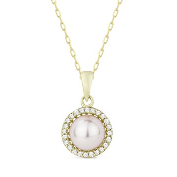 14k Yellow Gold Round Pearl Diamond Pave Frame Necklace