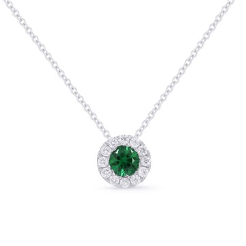 14k White Gold Round Emerald Diamond Pendant Necklace
