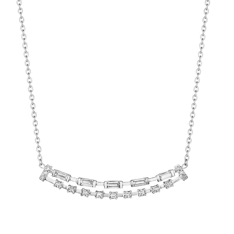 18k White Gold Double Bar Necklace with Baguette Diamonds