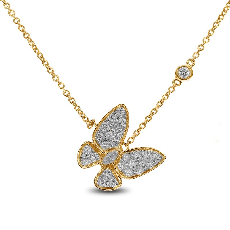 18K Yellow Gold Diamond Sideways Butterfly Necklace