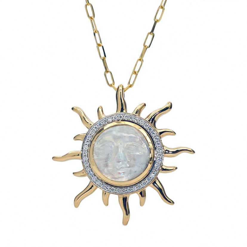 18k Yellow Gold Moonstone Diamond Sun Necklace