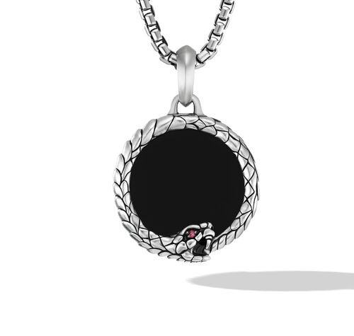 Cairo Ouroboros Amulet in Sterling Silver with Black Onyx and Ruby