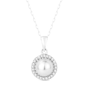 14k White Gold Round Pearl Diamond Pave Necklace